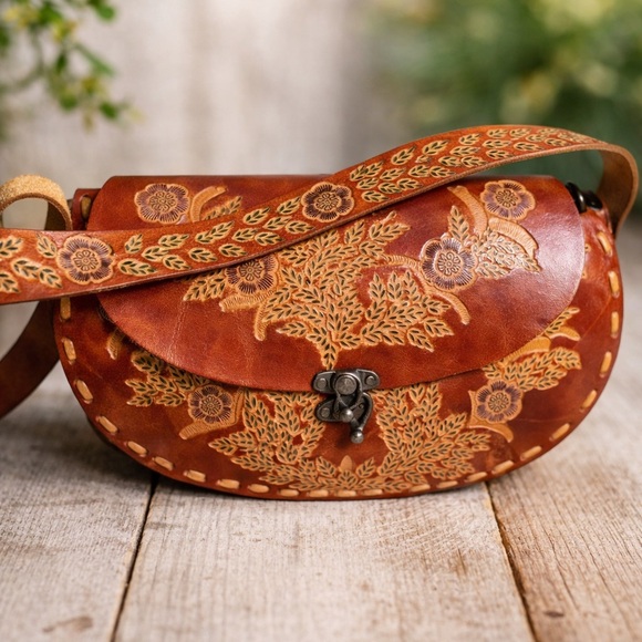 Source Unknown Handbags - ONE OF A KIND Vintage 70s Hand-Tooled Leather Saddle Bag | Boho Floral Crossbody